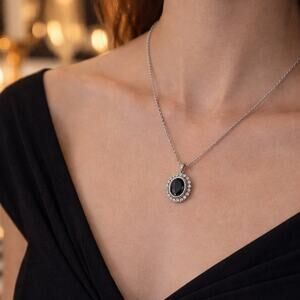 Vintage silver tone pendant necklace black stone jewelry elegant evening